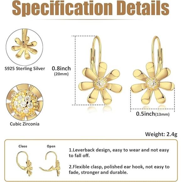 925 Sterling18K White Gold Plated Leverback Drop Dangle Earrings for Women - Picture 2 of 5